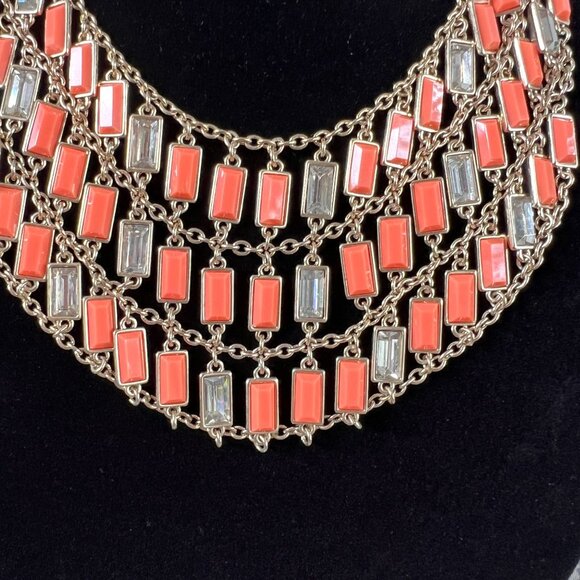 Banana Republic Milly 3 Layer Bib Necklace Orange Coral Gold Rhinestone … - Picture 8 of 9
